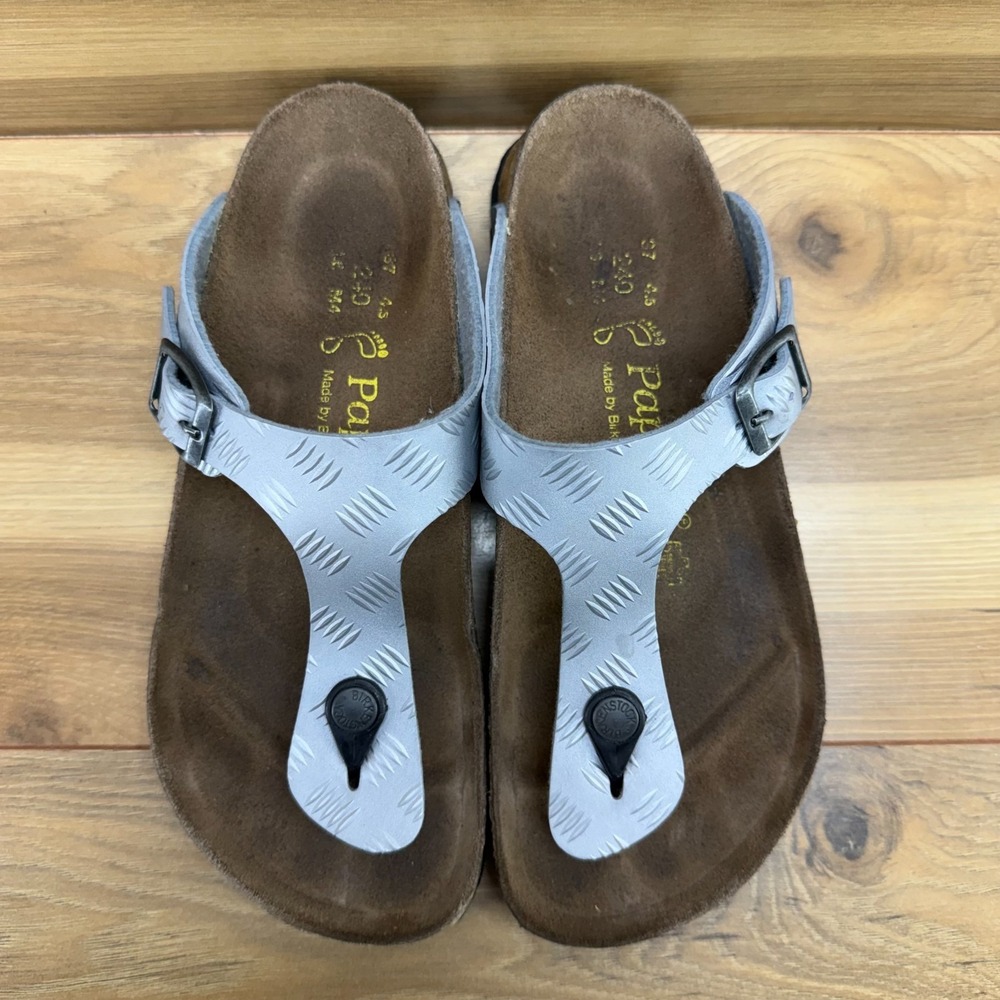 Birkenstock Papillio Gizeh Sandals Womens 6 W EU 37 Silver Birko Thong Flip Flop